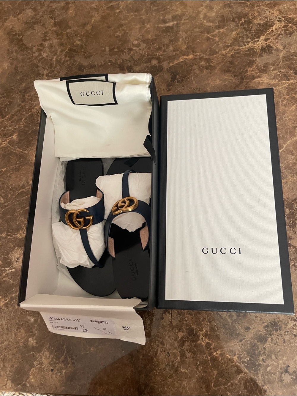 Gucci Navy Black Leather GG Thong Sandals Gold Hardware call out scratches S35 - Picture 6 of 6